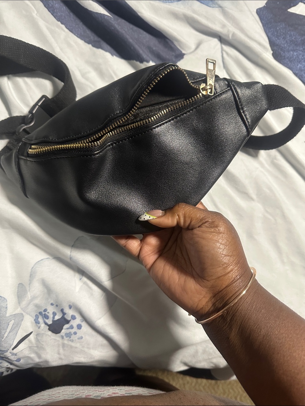 Black Leather-Look Belt Bag with Gold Zipper from torrid plus size girlie